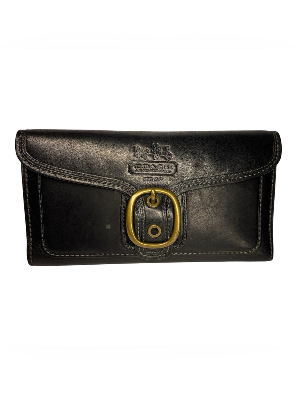Coach Bleecker Black Leather Wallet with Brass Buckle